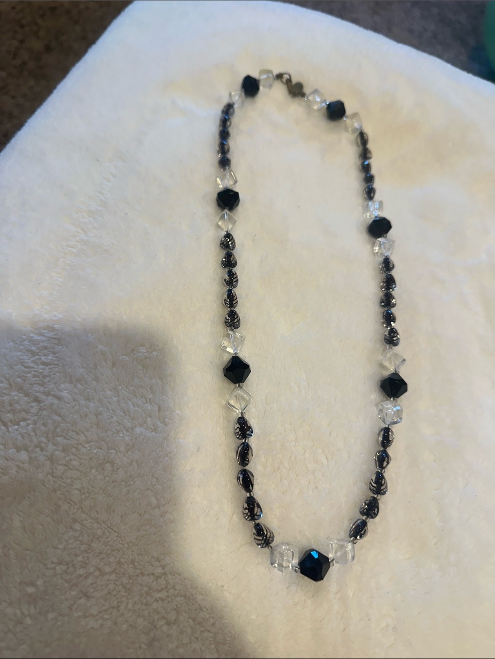 Suggested title:

Vintage Miriam Haskell Black Clear Beaded Necklace Signed